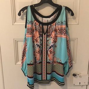 Ornate Floral Print Cut-Out Shoulder & Keyhole Top